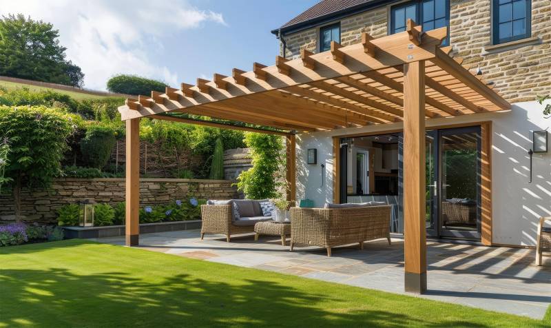 Pergola traditionnelle adossée sur façade